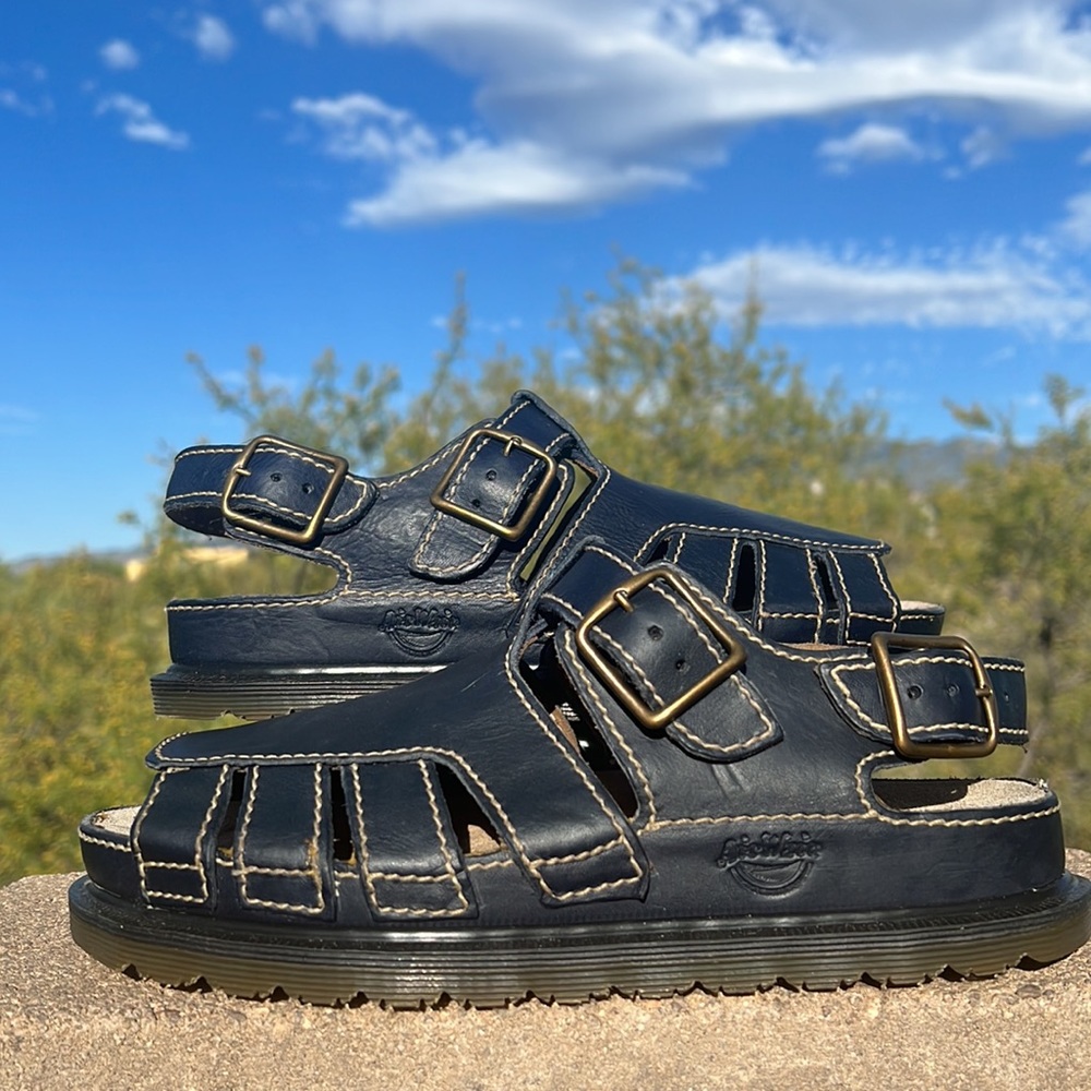 🏴 Blue Vintage Dr. Martens MIE Double Buckle Cut-Out Sandals UK 8 - Picture 2 of 16